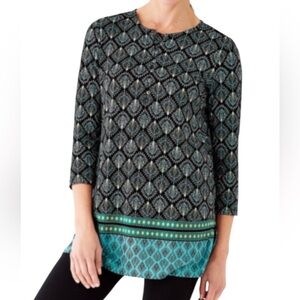 J. Jill Geometric Rayon Lyocell Blend 3/4 Sleeve Tunic Top Large Black Green
